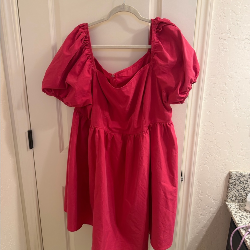 Puff Sleeve Cotton Dress - Hot Pink